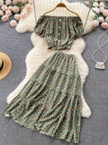 Vintage Women Floral Printed Two Piece Set Casual Slash Neck Single Breasted Short Blouse + High Waist A-Line Midi