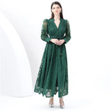High-End Women's Dress 2025 Spring Collection Heavy Industry Embroidery V Neck Lantern Sleeve Single Row Buckle Long