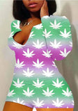 Women V-neck Bodycon Sleepwear Jumpsuit Bodysuit Shorts Romper Bodysuit Leotard Long Sleeve Lips Print Button