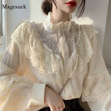 Korean Lace Up Ruffled Blouses Women Autumn Sweet Loose Clothes Stand Collat Ladies Tops Vintage Lace Shirts Women