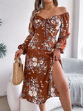 Spring And Summer Sexy Tie Knotted Flowers Long Sleeve Open Fork Dress