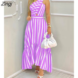 Elegant One Shoulder Striped Colorblock Sleeveless Asymmetric High Waist Casual Maxi Dresses Fashion Sexy Skinny