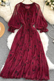 Red/Brown/White Printed Pleated Chiffon Dress Autumn Elegant V-Neck Flare Long Sleeve High Waist Draped Midi Vestido