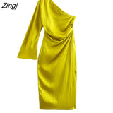 Women Sexy Single Shoulder Asymmetrical Midi Dress Female Chic Flare Sleeve Side Zipper Pleat Casual Split Vestido