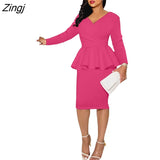 Sexy V Neck Party Dress Women Elegant Solid Long Sleeve Long Dress Boho Fashion Office Lady Dresses