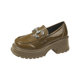 Bottom Mary Jane Small Leather Shoes Female 2025 New British Wind Pine Platform Bottom Metal Rhinestone Chain Loafer Single