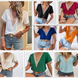 Women's Dress V-Neck Lace Loose Top Commuter Short-Sleeved Shirt Women Splicing