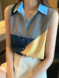 Women Shirt V neck Patchwork Blouse Sleeveless Chiffon Women Tops and Shirts Fashion Clothes Woman 2023 Summer Ladies