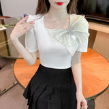 Shot Summer New Square Collar Short Sleeve Bow Bubble Sleeve Design Sense Joker Head Shirt