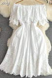 Women Sexy Slash Neck Off Shoulder Vacation Beach Dress Female Elegant Hollow Out Short Sleeve A-Line Mini Robe 2023
