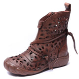 Style Retro Handmade Cool Boots Women Spring And Summer New Leather Hollow Hole Shoes Soft Back Breathable High Help Single Boots
