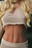 Summer Beach Knitted 2 Piece Women Suits Hollow Out Tassels Long Sleeve T-shirts Exposed Navel Tops Split Skirts