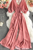 Sexy Polka Dot Romper Women Elegant V-Neck Puff Short Sleeve High Waist Jumpsuit Female Loose Wide Leg Playsuits