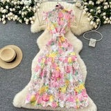 Retro Elegant Hollow Hook Lace High-Necked Small Flying Sleeves Long Dress Female Thin Dress