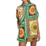 2025 New Women's Clothing Set Fashion Print Collar Short Sleeve Shirt Shorts Casual