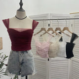 Thai-Style Small Design Mesh Yarn Draw-Folded Breast Sling Sling With Bra Cushion Short Sleeveless Top