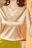 Summer Fashion Silk Womens Blouses Satin Tops Woman Shirts Embroidery Sleeveless Ladies Top V-neck Lace OL Women