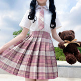 Pink JK Women Pleated Skirt Summer High Waist Fashion Tie Plaid Mini Skirt A Line Cute Sweet Japan Girls Dancing