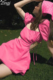 Korean Fashion Square Neck Summer Dress Women 2023 Backless Lace Up Solid Sexy Dress Mini Puff Sleeve Kawaii