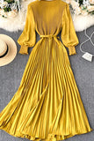 Women Pleated Long Dress Female Elegant Lantern Long Sleeve High Waist Red/Purple Draped Maxi Vestidos Spring Autumn