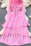 Vintage Purple/Green/Orange Long Dress Women Elegant Stand Collar Flare Sleeve High Waist A-Line Slim Tie Flower