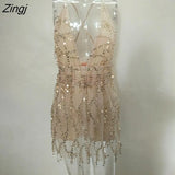 Glitter Sequined Sexy Women Party Dress Sleeveless V Neck Backless Double Layer Club Wear Female Shiny Solid
