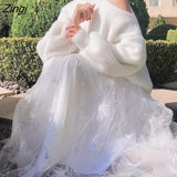 Women High Waist Spring Autumn A-Line Snow Embroidery Fairy Mesh Girlish All-match Korean Style Simple Fresh Romantic
