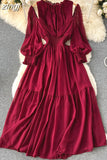 Vintage Purple/Green/Orange Women Draped Long Dress Elegant Ruffle Collar Hollow Out High Waist A-Line Vestidos