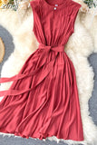 Solid Green/Blue/Yellow Casual Dress Elegant Sleeveless Round Neck Sashes Dresses Vintage 2023 New Fashion Vestido