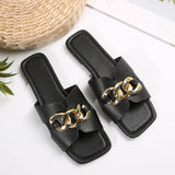 Large-Size Flat-Bottomed Slippers Women Flat Bottom Lightweight Fashion Chain Head One-Word Casual Cool