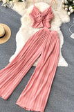 Women Pleated Two Piece Set Sexy Female Criss Cross Twist Strap Tops + High Waist Draped Pants Beach Suits Vacation