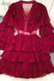 Vintage Women Cascading Ruffle Party Dress Elegant V-Neck Flare Long Sleeve High Waist A-Line Mini Vestidos Female