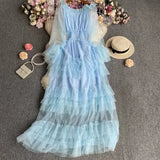 High-End Feel Leaf Edge Mesh Cake Dress Women's Waist Thin Temperament A Word Shoulder Super Fairy Long