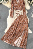 Autumn Women Printed Bandage Two Piece Set Vintage V-Neck Long Sleeve Short Tops + High Waist Split Skirt Suit 2Pcs