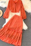 Lace Two Piece Set Vintage V-Neck Puff Long Sleeve Short Blouse + High Waist A-Line Ruffle Skirt Female