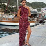 New Women's Sexy Slanted Shoulder Lotus Side Print Irregular Dress