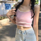 Women Spaghetti Strap Sweet Off-shoulder Sweet Knitted Tanks Womens Korean Style Elastic Slim Chic Ins Trendy Tops