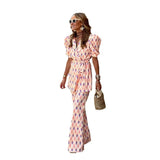 Women's Clothing Tuple Printing Two Sets Of Lantern Sleeve Trousers Simple