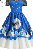 Dress Christmas Costume Women Lace Short Sleeve Hight Waist Vintage Evening Party Prom Casual