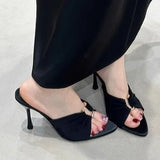 Spring And Summer New High-Heeled Metal Buckle Folded Tip-Toed Cool Slippers Sexy Fine And Lady Cloth