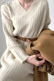 Loose Waist Solid Korean Thick Knitwear V-Neck Woman Warm Dresses Sweater Dress Women Knitted Clothes Autumn Winter