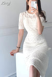 Chic Korean Temperament Slim Sexy Hollow Out Dresses O Neck Short Sleeve Wrap Hip Knitted Dress White Lady Summer