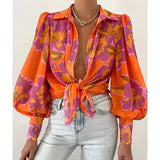 Lantern Sleeve Blouses 2023 Fashion Tops Spring Office Lady Vintage Floral Shirt Ladies Button Up Long Sleeve Shirts