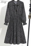 Women Elegant Casual Floral Print Autumn Winter Pleated Dress Vintage Bow Collar Long Sleeve Chiffon Shirt Dress 2023 Robe