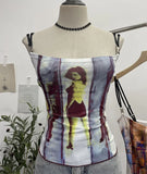 Sexy Hottie Shoulder Strap Small Print Slimming Sling Vest Short Sleeveless Top