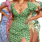 Zingj Spring And Summer New Flower Print Small Fresh And Sweet V-Neck Long Dress