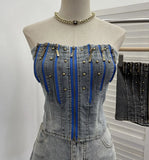 Shooting Retro Do Old Zipper Niche Vest Rivet Water Wash Denim Braid Short Open Shirt Wrapped Brae