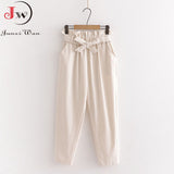 Spring Summer Bow Belt Solid Elastic High Waist Casual Harem Pants Korean Sweet Girls Ankle-Length Cotton Long