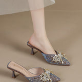 Wind Tip Fine Heel Single Shoes Women's Top Half Slippers Women's Summer Wear 2025 New Water Drill Cool