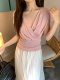 Xixi 2025 Summer New Korean Version Of Elegant Temperament V Collar Cross Thin Silk Shirt Women's Top